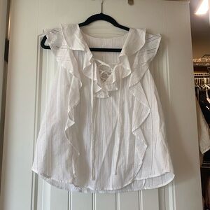 White cotton flutter sleeve ruffle blouse